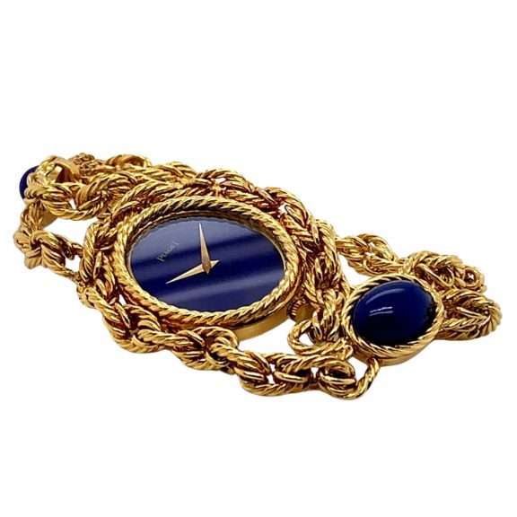 Swiss 18K gold necklace watch with lapis lazulli dial Circa 1972 Swiss 18K gold necklace watch with lapis lazulli dial Circa 1972