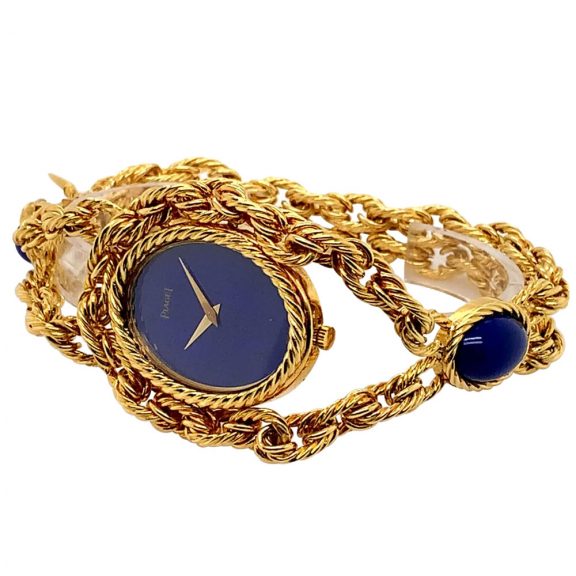 Swiss 18K gold necklace watch with lapis lazulli dial Circa 1972 Swiss 18K gold necklace watch with lapis lazulli dial Circa 1972