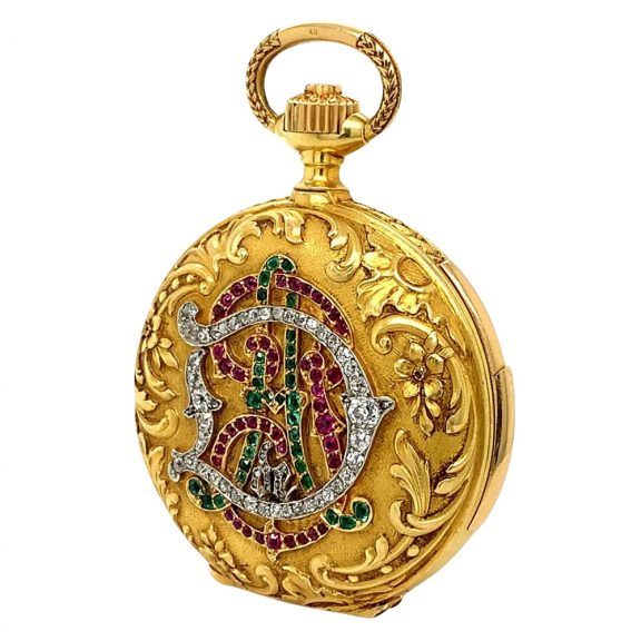 Swiss gold, diamond, ruby and emerald set repeating lever Circa 1880 Swiss gold, diamond, ruby and emerald set repeating lever Circa 1880