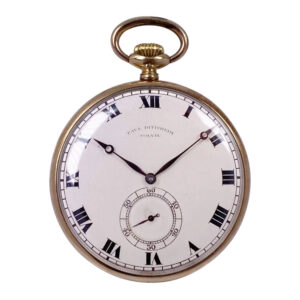 Flat Swiss 18K gold open faced lever pocket watch Circa 1910
