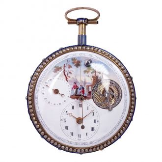Swiss gold, enamel and pearl set center seconds watch Circa 1850