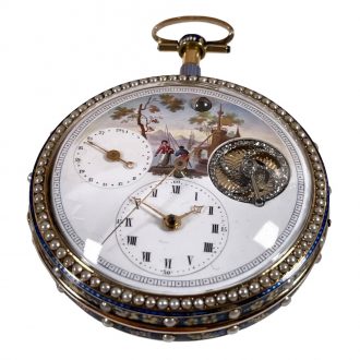 Swiss gold, enamel and pearl set center seconds watch Circa 1850