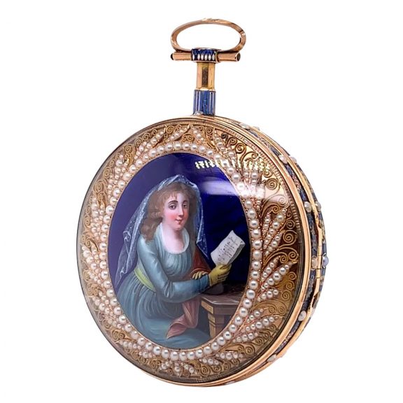 Swiss gold, enamel and pearl set center seconds watch Circa 1850 Swiss gold, enamel and pearl set center seconds watch Circa 1850