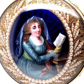 Swiss gold, enamel and pearl set center seconds watch Circa 1850