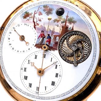 Swiss gold, enamel and pearl set center seconds watch Circa 1850
