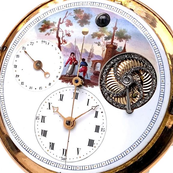 Swiss gold, enamel and pearl set center seconds watch Circa 1850 Swiss gold, enamel and pearl set center seconds watch Circa 1850