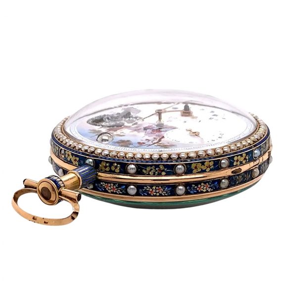 Swiss gold, enamel and pearl set center seconds watch Circa 1850 Swiss gold, enamel and pearl set center seconds watch Circa 1850