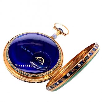 Swiss gold, enamel and pearl set center seconds watch Circa 1850