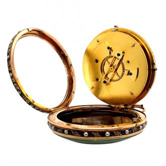 Swiss gold, enamel and pearl set center seconds watch Circa 1850