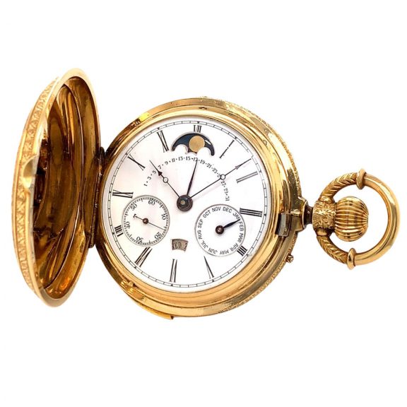 Swiss gold repeating lever with calendar and moon phases Circa 1900 Swiss gold repeating lever with calendar and moon phases Circa 1900
