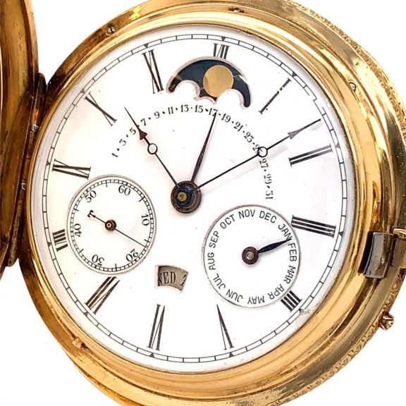 Swiss gold repeating lever with calendar and moon phases Circa 1900 Swiss gold repeating lever with calendar and moon phases Circa 1900