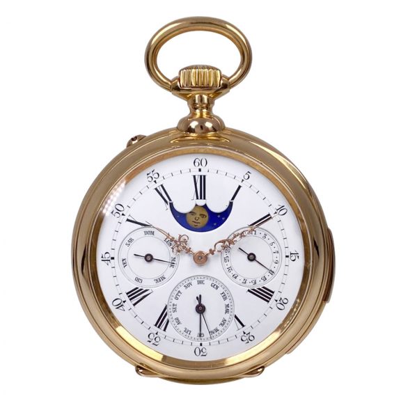 Swiss rose gold repeating lever with calendar and moon phases Circa 1890 Swiss rose gold repeating lever with calendar and moon phases Circa 1890
