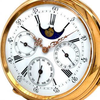 Swiss rose gold repeating lever with calendar and moon phases Circa 1890 Swiss rose gold repeating lever with calendar and moon phases Circa 1890