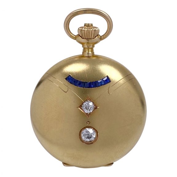 Swiss matt gold, diamond and sapphire set pendant watch Circa 1912