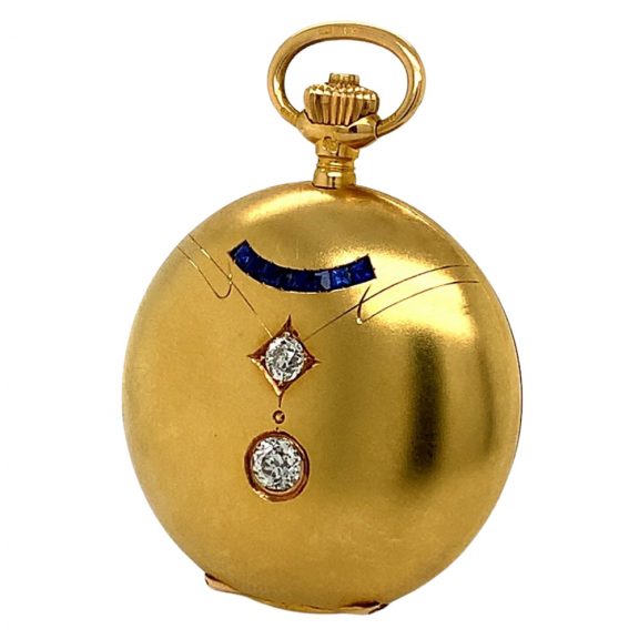 Swiss matt gold, diamond and sapphire set pendant watch Circa 1912 Swiss matt gold, diamond and sapphire set pendant watch Circa 1912