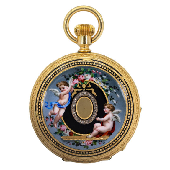Exquisite Swiss 18K gold, enamel and diamond set watch Circa 1871