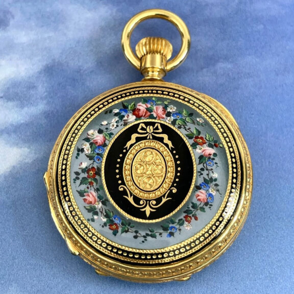 Exquisite Swiss 18K gold, enamel and diamond set watch Circa 1871 Exquisite Swiss 18K gold, enamel and diamond set watch Circa 1871
