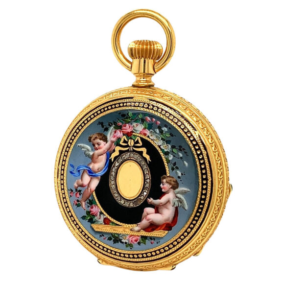 Exquisite Swiss 18K gold, enamel and diamond set watch Circa 1871 Exquisite Swiss 18K gold, enamel and diamond set watch Circa 1871