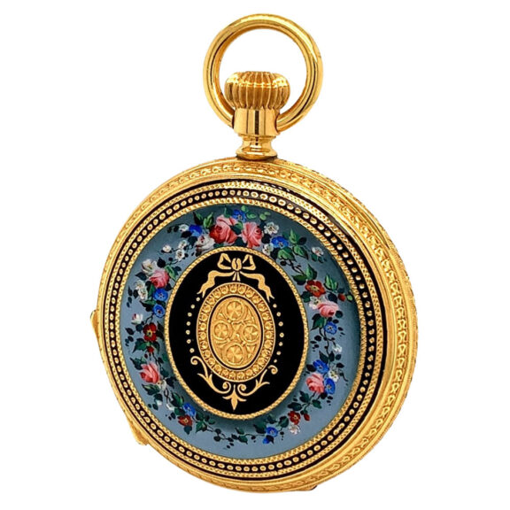 Exquisite Swiss 18K gold, enamel and diamond set watch Circa 1871 Exquisite Swiss 18K gold, enamel and diamond set watch Circa 1871