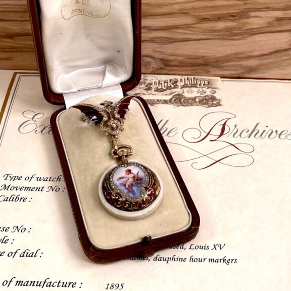 Swiss gold, enamel and diamond set watch with brooch Circa 1895 Swiss gold, enamel and diamond set watch with brooch Circa 1895