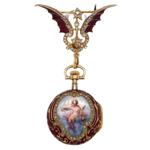 Swiss gold, enamel and diamond set watch with brooch Circa 1895