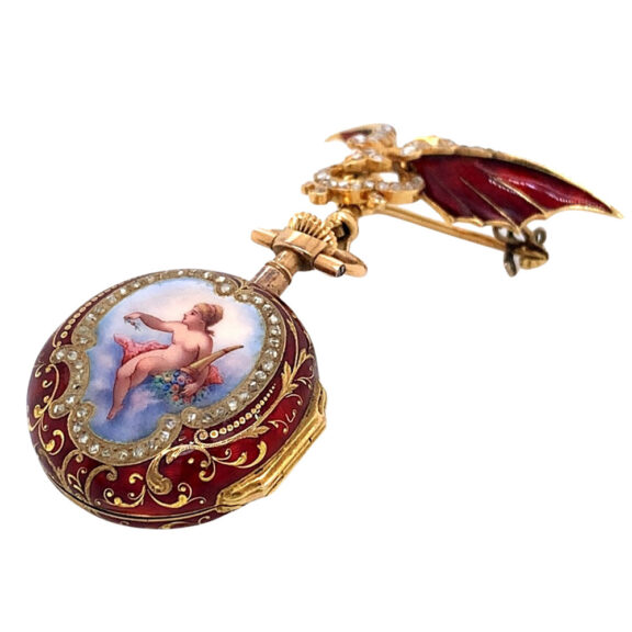 Swiss gold, enamel and diamond set watch with brooch Circa 1895 Swiss gold, enamel and diamond set watch with brooch Circa 1895