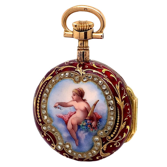 Swiss gold, enamel and diamond set watch with brooch Circa 1895 Swiss gold, enamel and diamond set watch with brooch Circa 1895