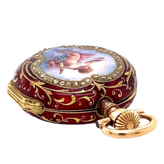 Swiss gold, enamel and diamond set watch with brooch Circa 1895 Swiss gold, enamel and diamond set watch with brooch Circa 1895