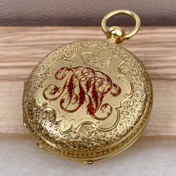 English 18K gold and enamel hunting cased watch Circa 1843 English 18K gold and enamel hunting cased watch Circa 1843