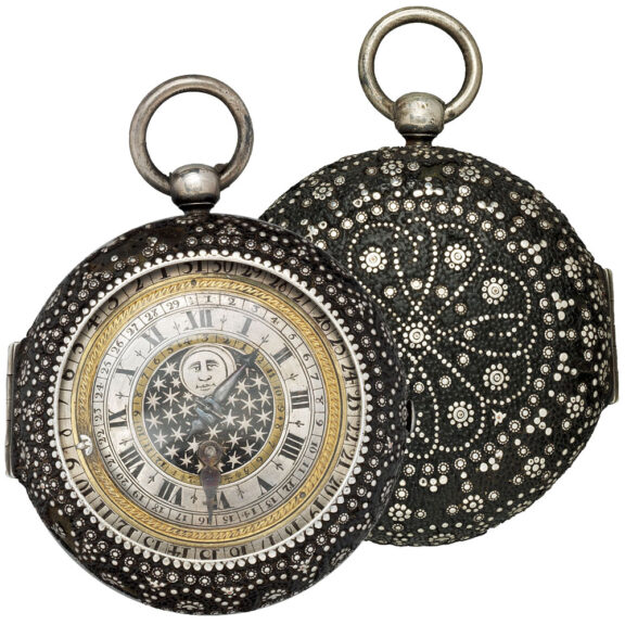 English leather-covered silver calendar watch Circa 1650