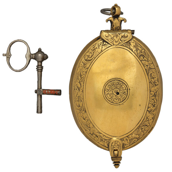 English oval brass one-handed verge pendant watch Circa 1620-40 English oval brass one-handed verge pendant watch Circa 1620-40