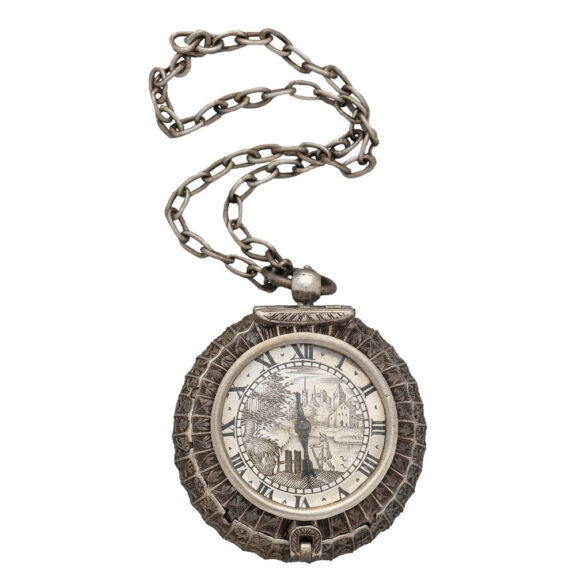 Early English silver one-handed watch with chain Circa 1640 Early English silver one-handed watch with chain Circa 1640