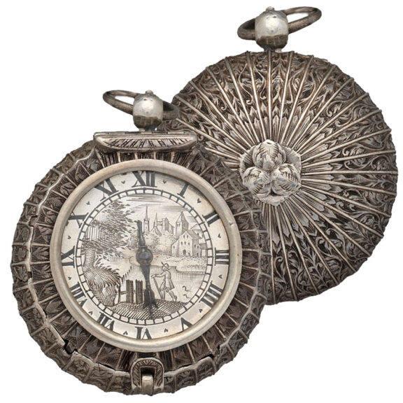 Early English silver one-handed watch with chain Circa 1640