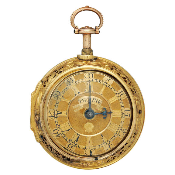 English gold repoussé repeater with champlevé dial Circa 1765 English gold repoussé repeater with champlevé dial Circa 1765