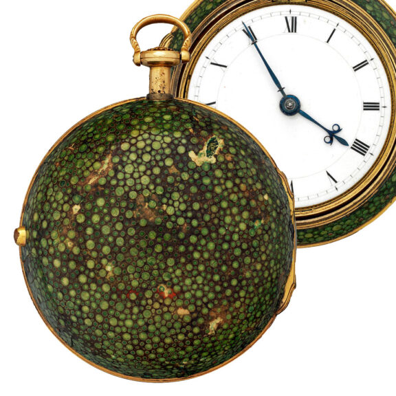 English gold pair cased repeating watch in shagreen case Circa 1770 English gold pair cased repeating watch in shagreen case Circa 1770