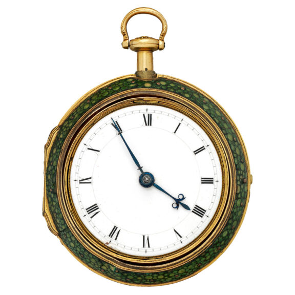 English gold pair cased repeating watch in shagreen case Circa 1770 English gold pair cased repeating watch in shagreen case Circa 1770