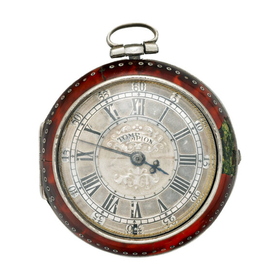English silver and red tortoiseshell pair cased watch Circa 1685 English silver and red tortoiseshell pair cased watch Circa 1685