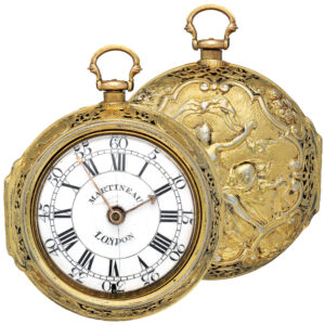 English silver gilt repoussé pair cased clock watch Circa 1750