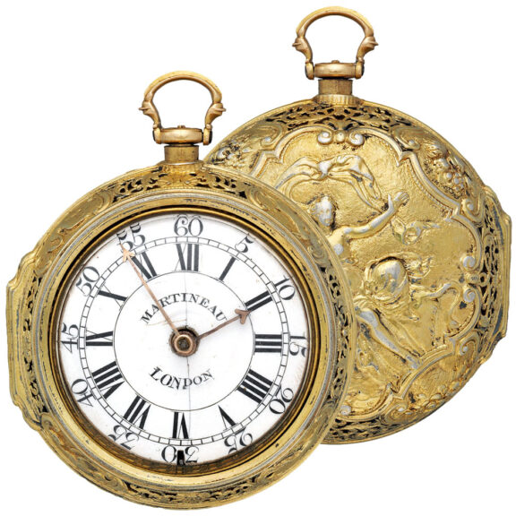 English silver gilt repoussé pair cased clock watch Circa 1750