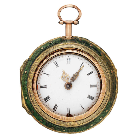 English gilt shagreen repoussé verge watch in a triple case Circa 1750