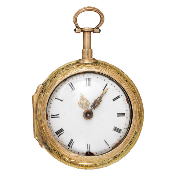 English gilt shagreen repoussé verge watch in a triple case Circa 1750 English gilt shagreen repoussé verge watch in a triple case Circa 1750