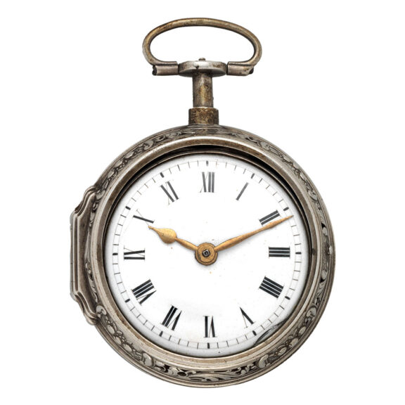 English verge pocket watch in repoussé silver case Circa 1720-1740 English verge pocket watch in repoussé silver case Circa 1720-1740