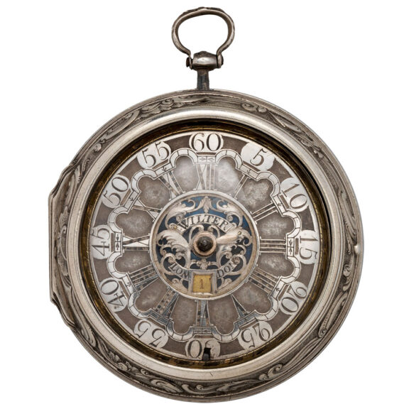 English verge watch with date in silver repoussé case Circa 1775 English verge watch with date in silver repoussé case Circa 1775