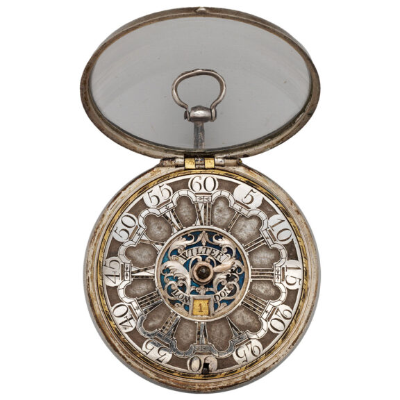 English verge watch with date in silver repoussé case Circa 1775 English verge watch with date in silver repoussé case Circa 1775