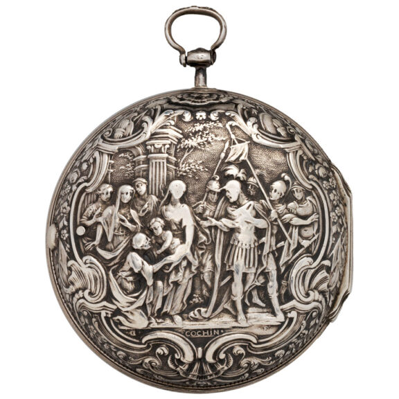 English verge watch with date in silver repoussé case Circa 1775 English verge watch with date in silver repoussé case Circa 1775