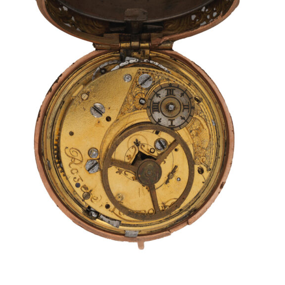 English gilt shagreen repoussé verge watch in a triple case Circa 1750 English gilt shagreen repoussé verge watch in a triple case Circa 1750