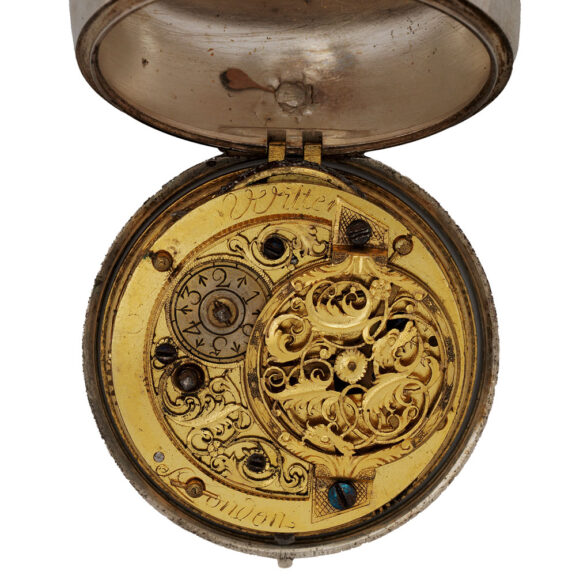 English verge watch with date in silver repoussé case Circa 1775 English verge watch with date in silver repoussé case Circa 1775