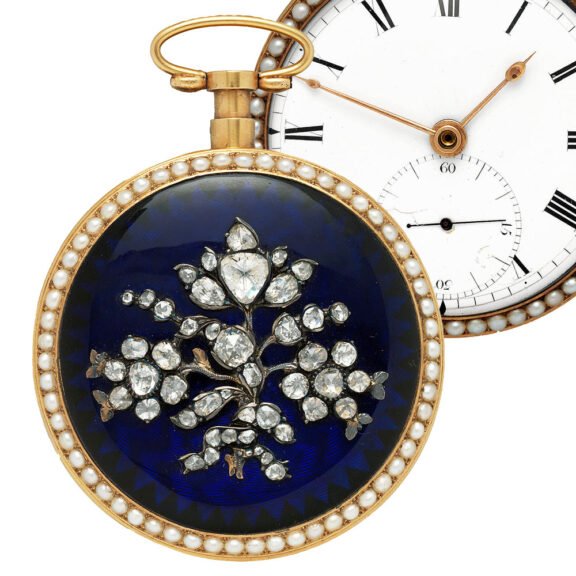 English gold enamel watch set with diamonds and pearls Circa 1800
