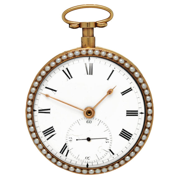 English gold enamel watch set with diamonds and pearls Circa 1800 English gold enamel watch set with diamonds and pearls Circa 1800