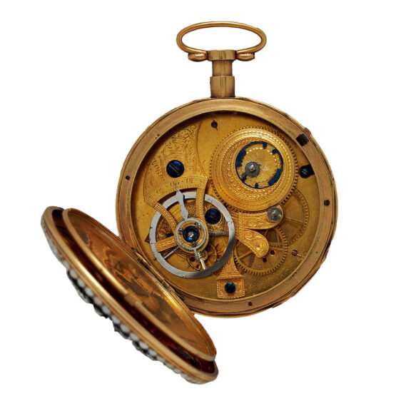 English gold enamel watch set with diamonds and pearls Circa 1800 English gold enamel watch set with diamonds and pearls Circa 1800